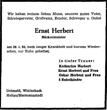 Herbert Ernst 1898-1962 Todesanzeige